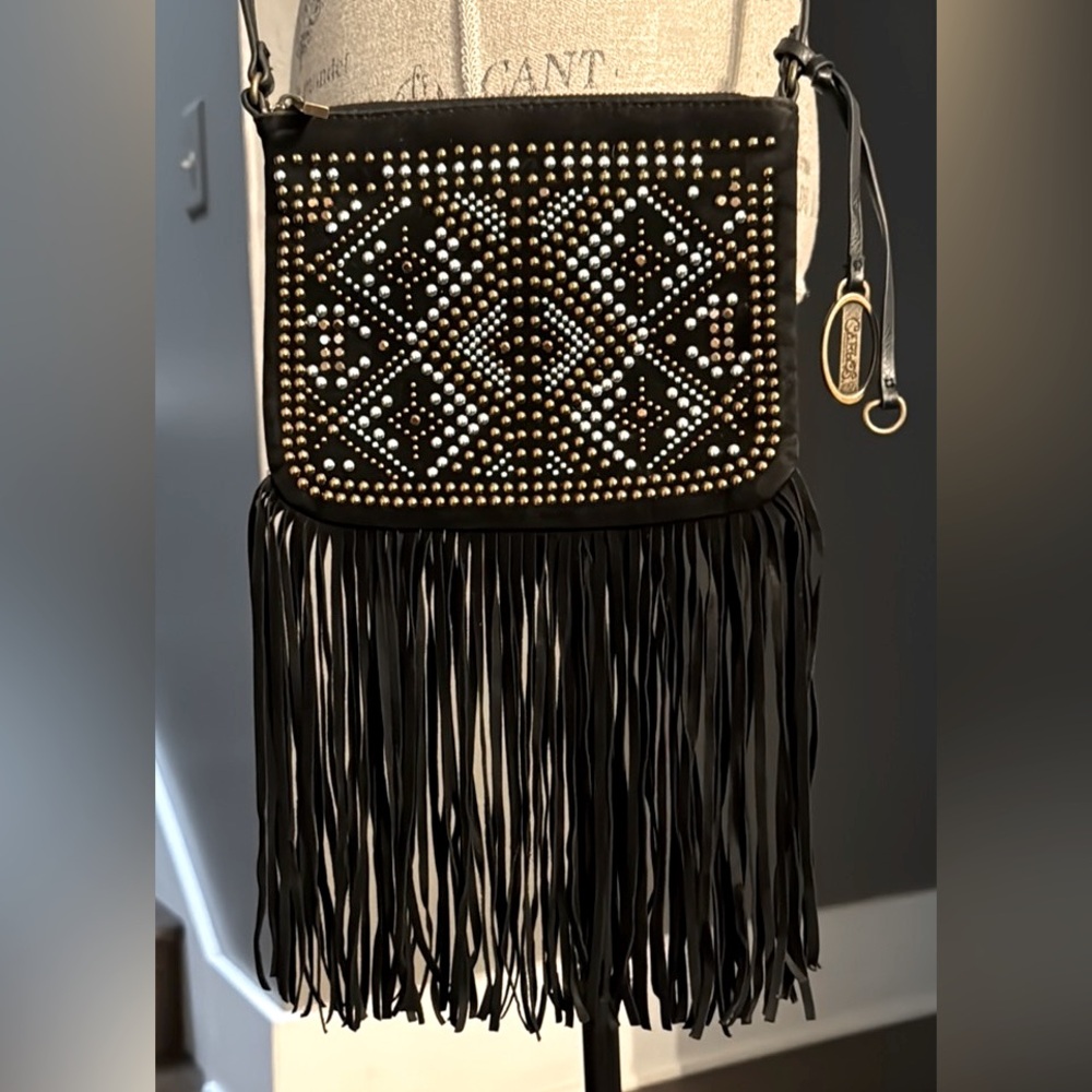 Carlos Santana Studded Black Fringe Crossbody Bag